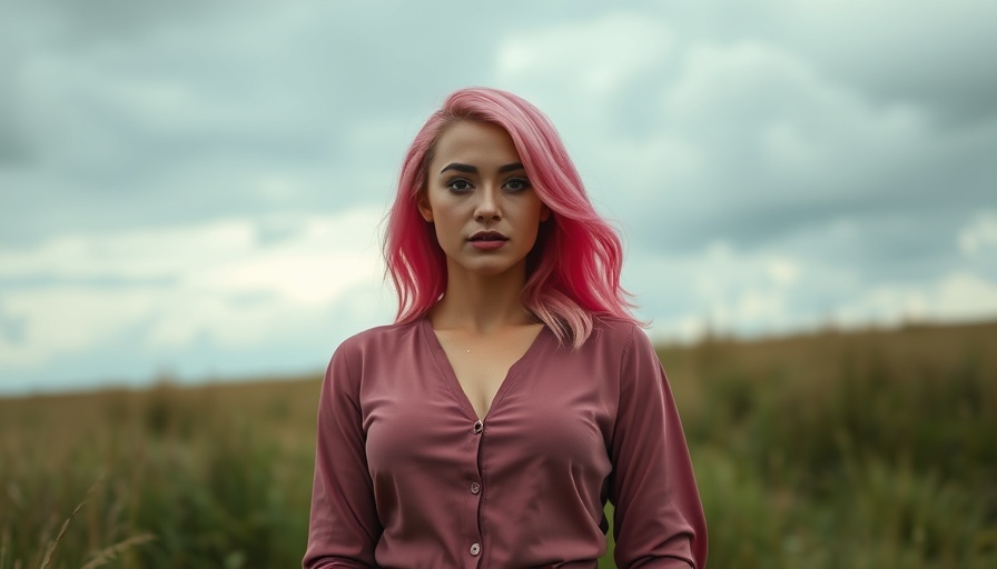 Pink-haired woman standing in a field with cloudy sky, Reality Winner memoir.