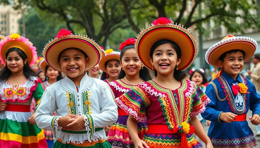 Colorful Hispanic Heritage Month celebration with children in traditional attire.