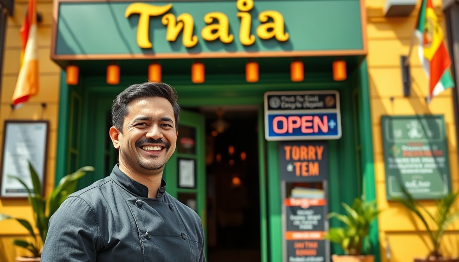 Cheerful chef outside vibrant Thai restaurant in Beacon Hill.