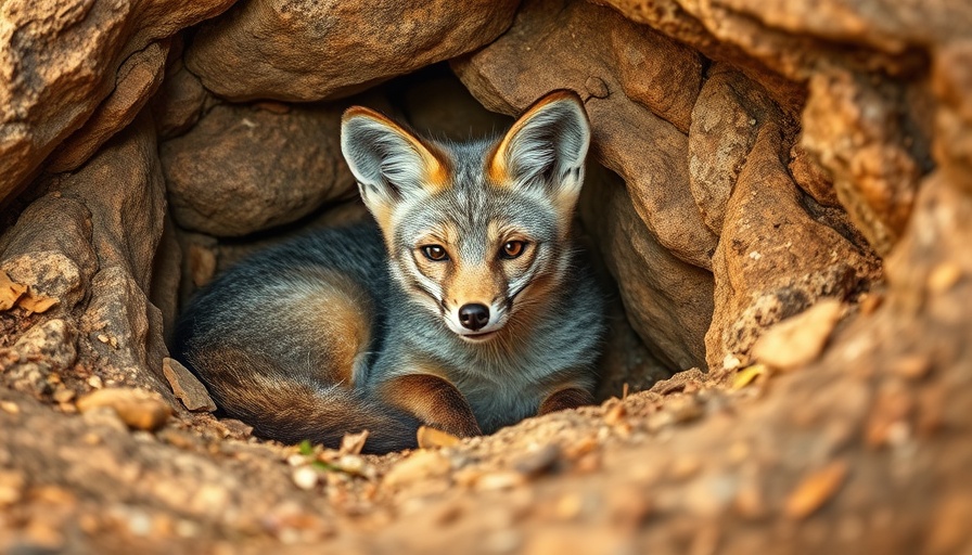 Wild gray fox in rocky burrow at Resler Canyon Conservation, alert.