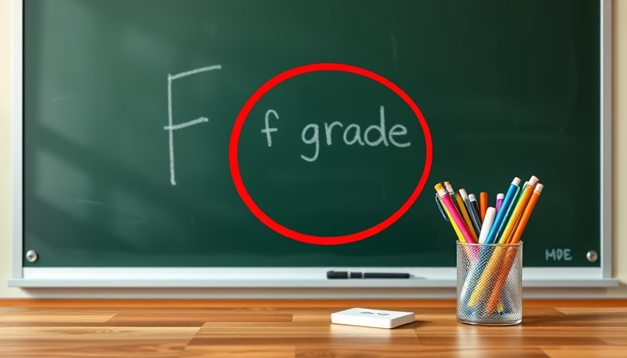 Texas Education Equity: Chalkboard with grade F and stationery.
