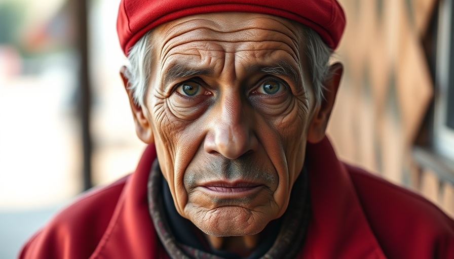 Serious older man in red cap, gazing intently, blurred foreground.