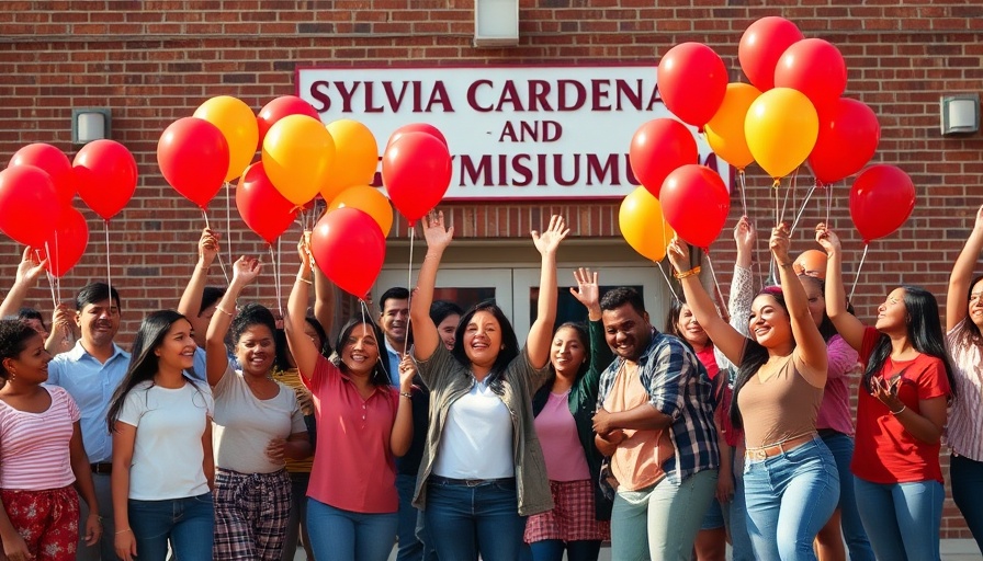 Harlandale gymnasium dedication with balloons and people gathering.