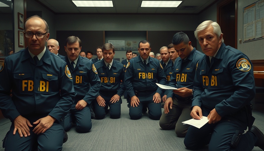 Somber FBI agents kneel in an office, showcasing a dramatic scene.