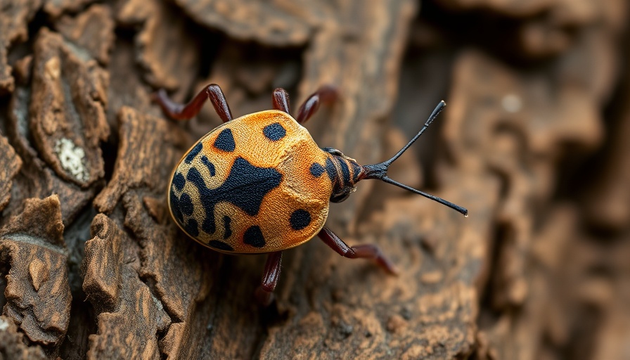 Close-up of a kissing bug on bark related to Chagas disease in Texas.