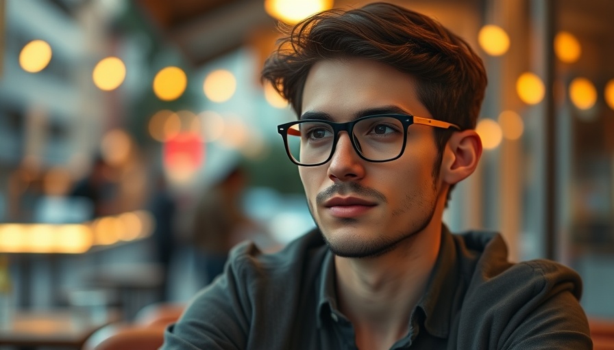 Confident person with glasses sits in a warmly lit urban setting, LGBTQ+ youth support San Antonio.