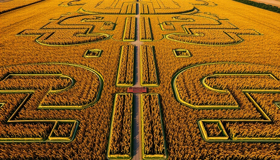 Aerial view of Giant Northern California Corn Maze in autumn.