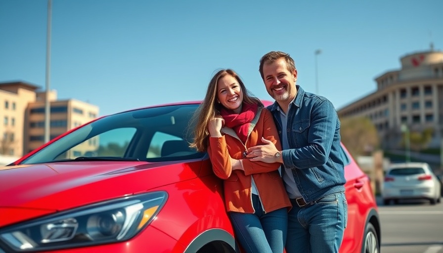 Two friends smiling by a red car, symbolizing DACA protections, sunny day.