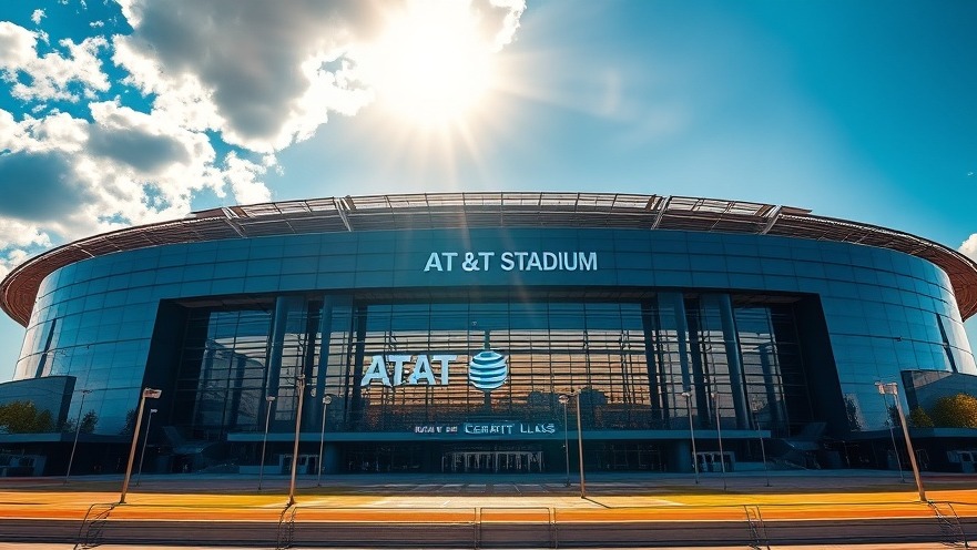 Photorealistic exterior of AT&T Stadium basking in sunlight, highlighting Jimmy Johnson's FOX Sports legacy.