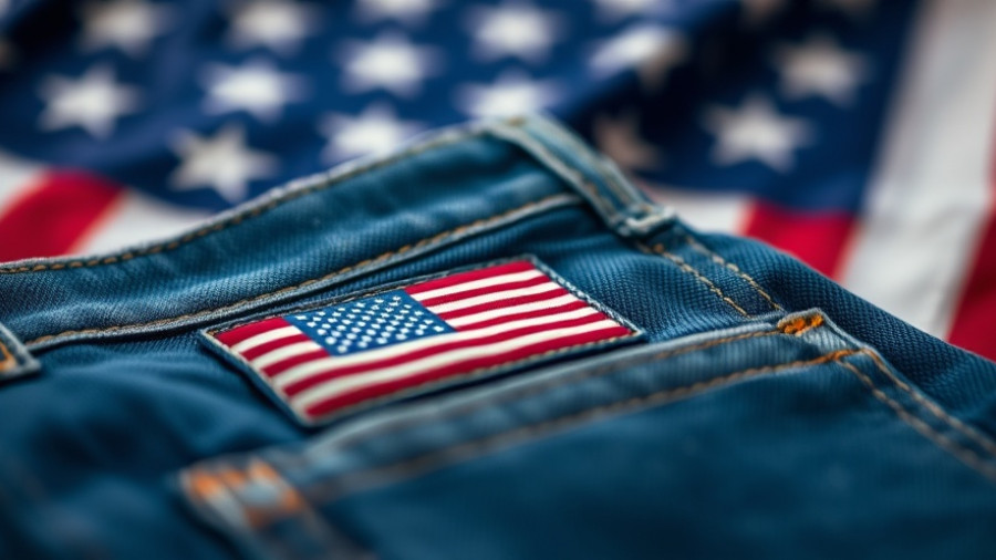 American-made jeans with USA tag against a flag backdrop.