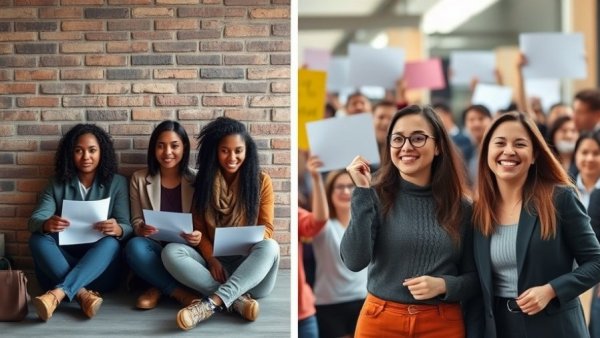 Split image of a solemn group and a joyful duo, contrasting moods.