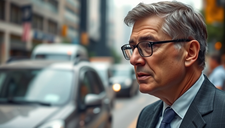 Middle-aged man in glasses and suit discussing, urban backdrop.