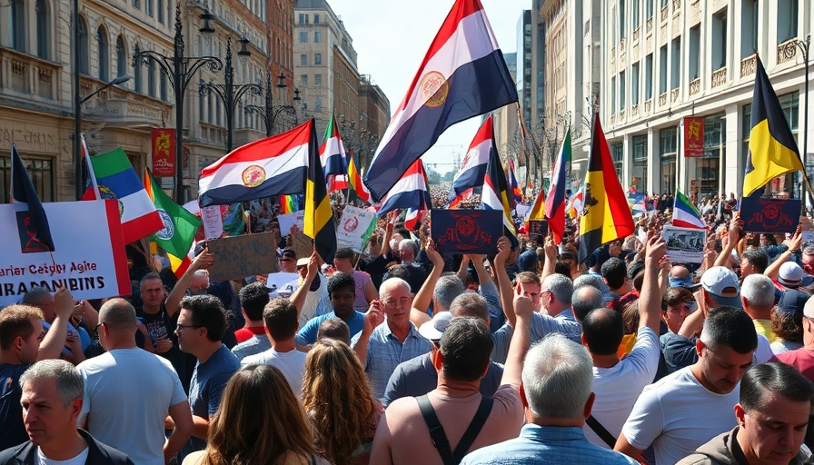 Iran-backed extremists protest with flags in urban setting.