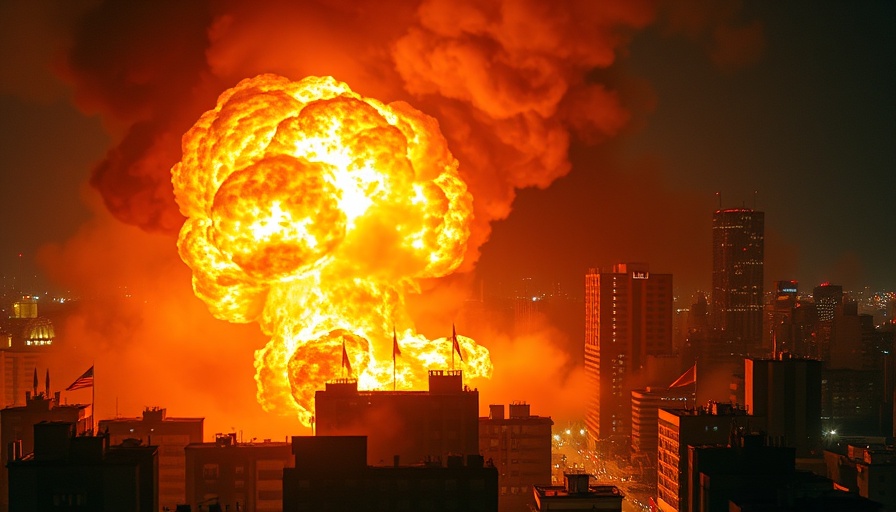 Nighttime urban scene with fire and smoke in Iran after Israeli strikes.