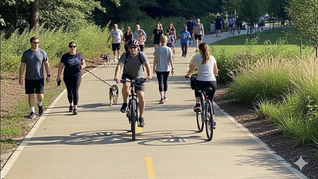 Community enjoying trail-oriented development in Northwest Arkansas park.
