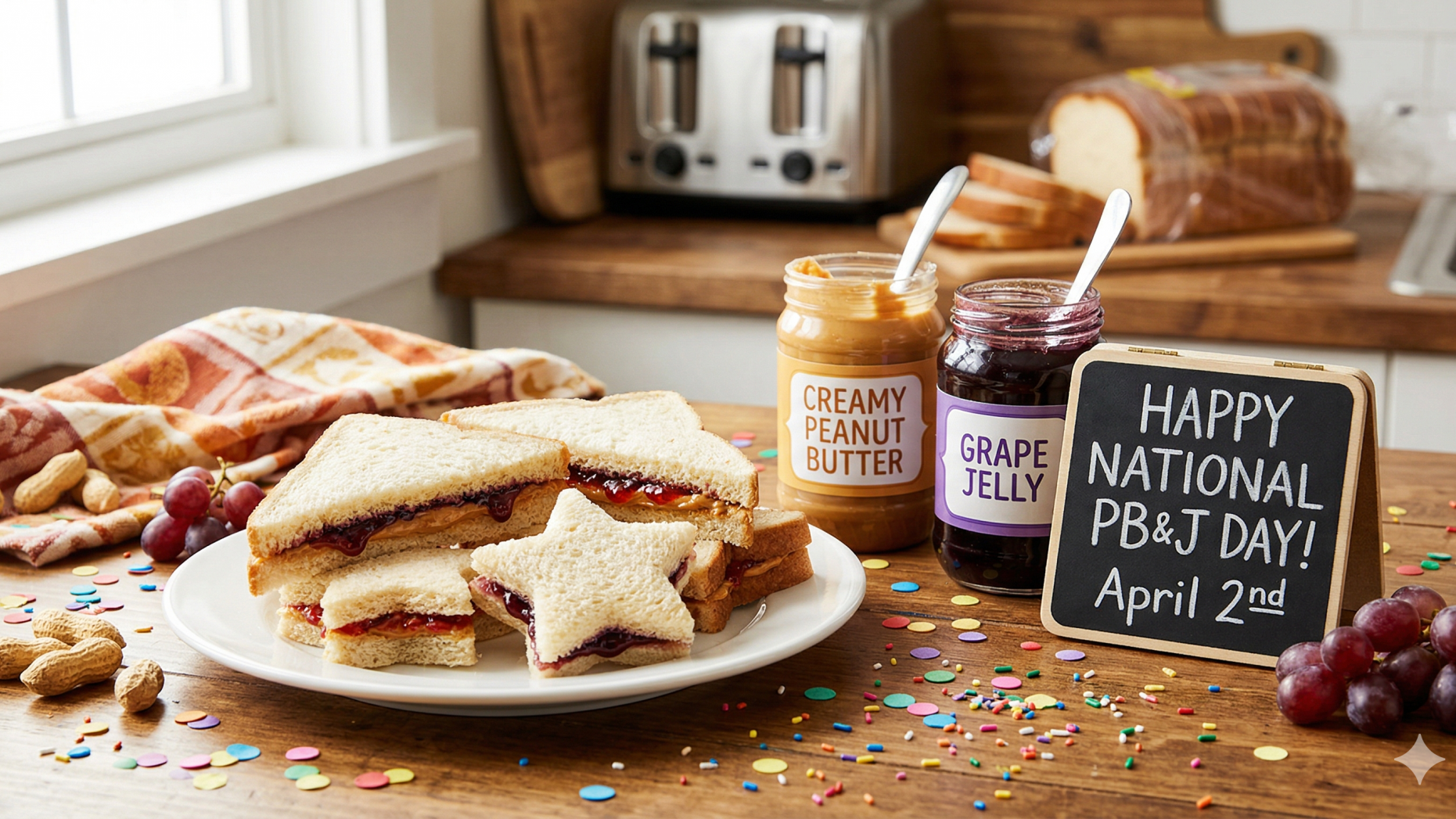 Classic peanut butter and jelly sandwiches celebrating National Peanut Butter and Jelly Day.