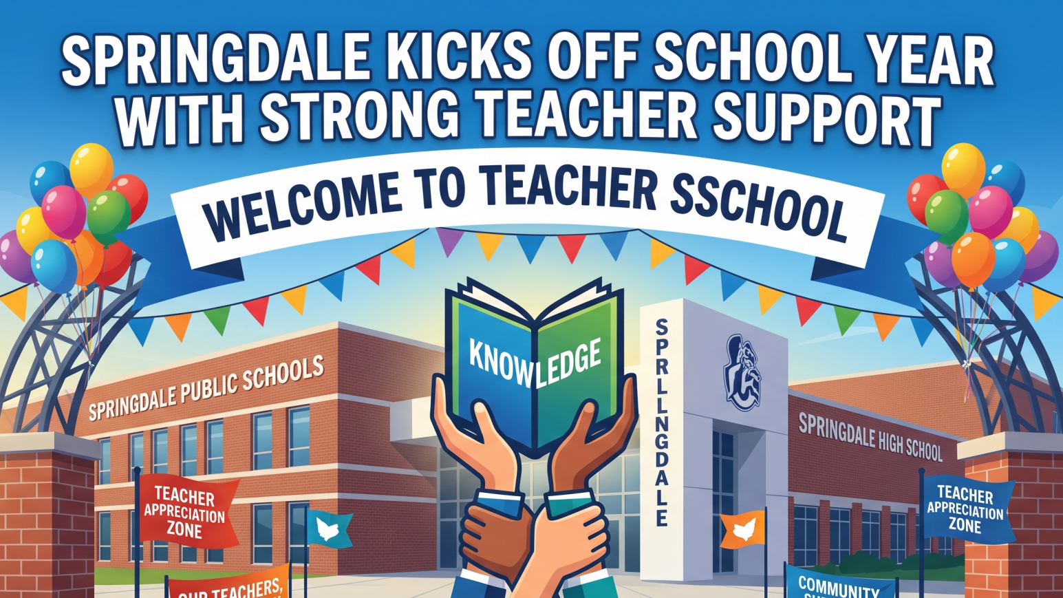 Springdale teacher appreciation event with speaker at podium surrounded by gift baskets.