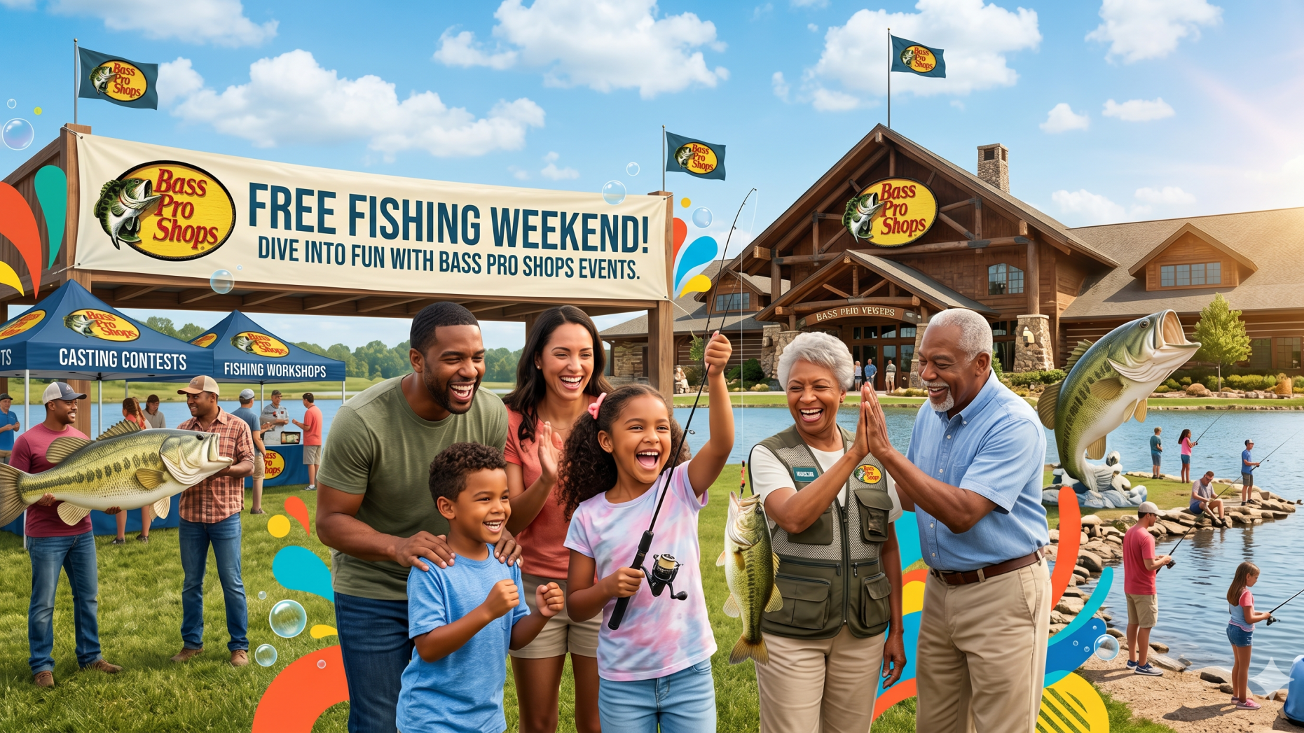 Father and son fishing by a misty lake during Free Fishing Weekend in Arkansas.