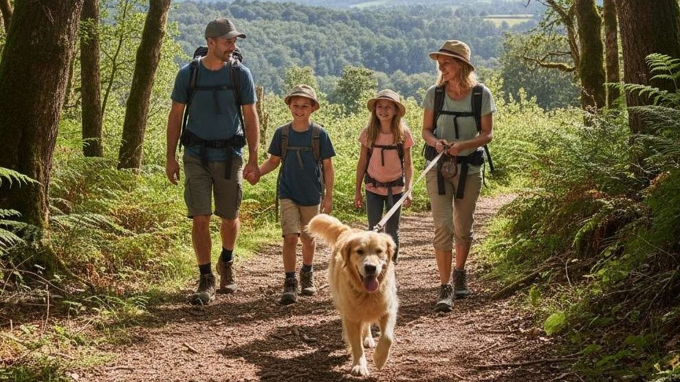 Hikers enjoying National Take a Hike Day in a lush forest.