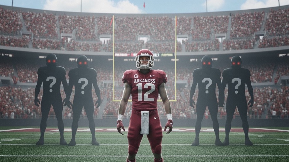 Razorbacks Ready for SEC - Arkansas football team in a huddle.