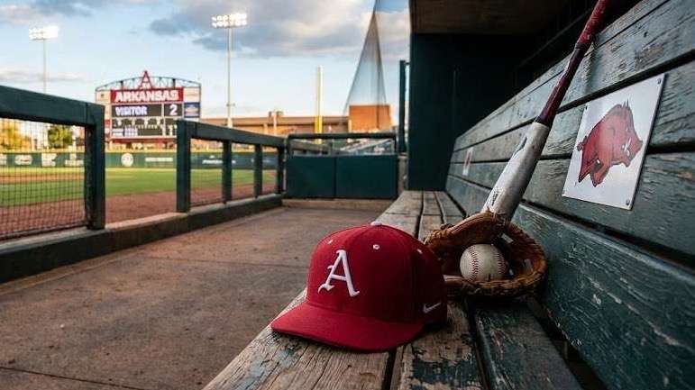Arkansas Razorbacks players in action with bold text overlay.
