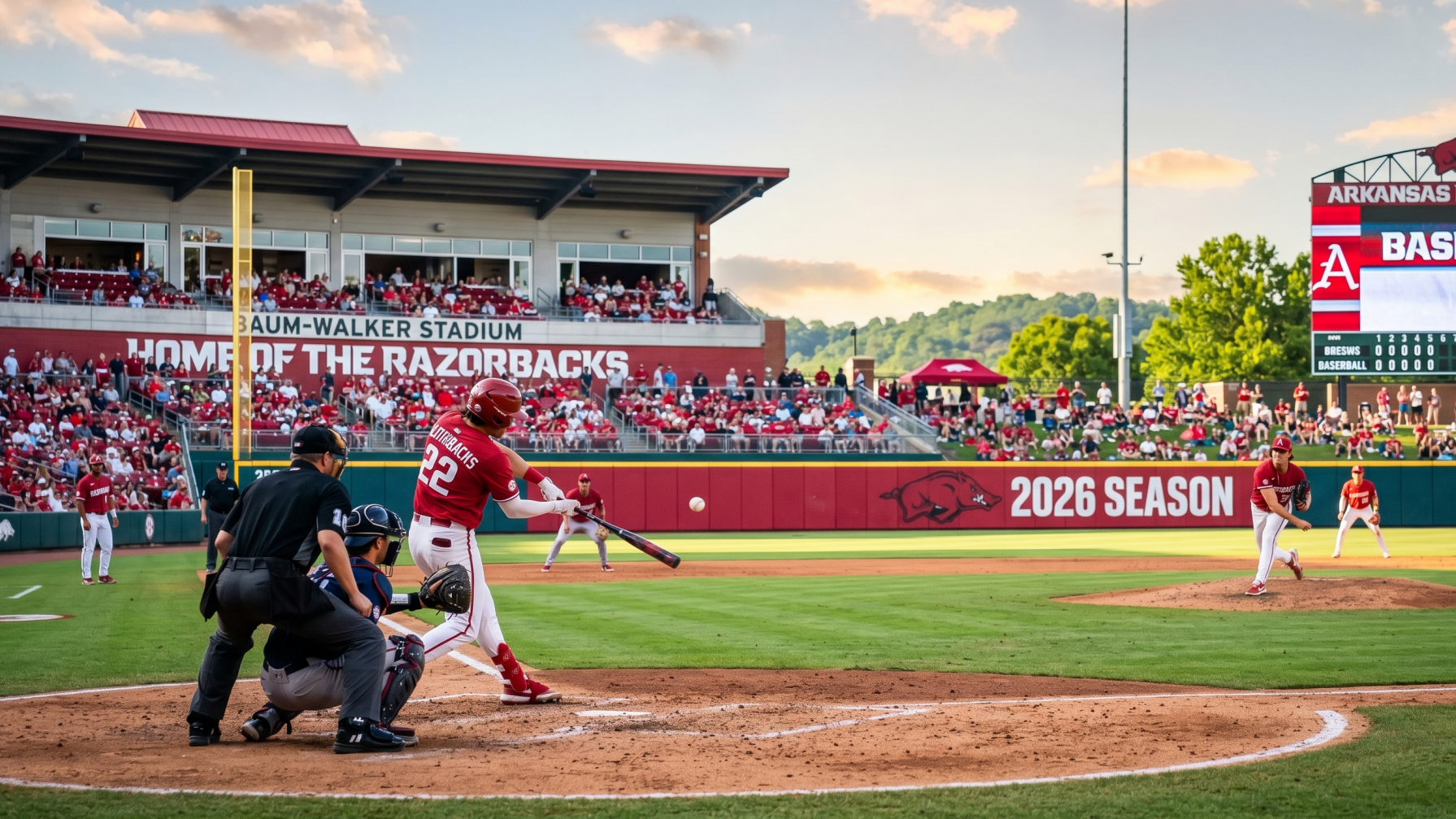 2026 Arkansas Razorbacks Baseball Season action shot at sunset.