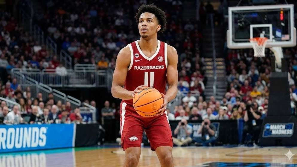 Arkansas Razorbacks sports collage with stadium and smiling man.