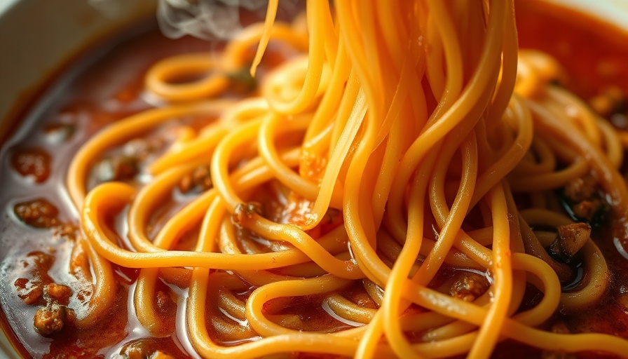 Close-up of appetizing noodles with sauce on National Noodle Day.