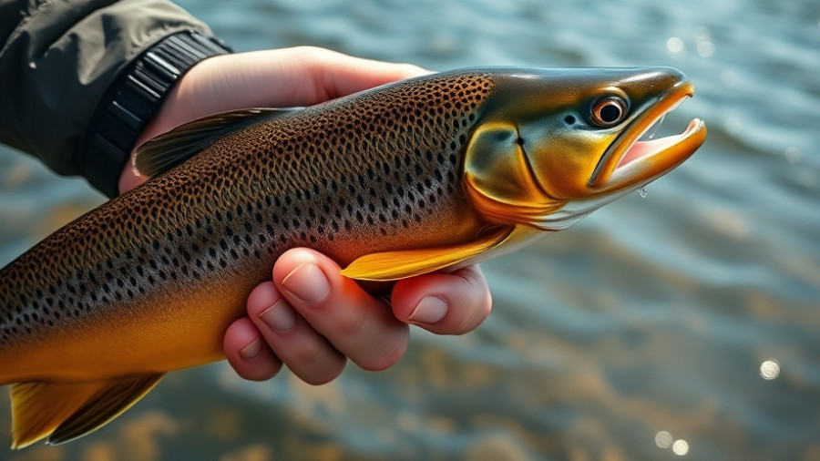 Hand holding a brown trout above water, related to emergency trout regulations in Arkansas.