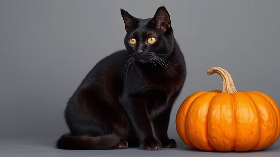 National Black Cat Day image featuring a black cat and a pumpkin.