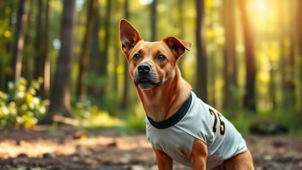 Brown dog wearing a jersey in a sunny forest, cloning pets topic.