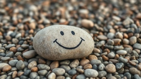 World Kindness Day: Smiling stone on pebble beach.