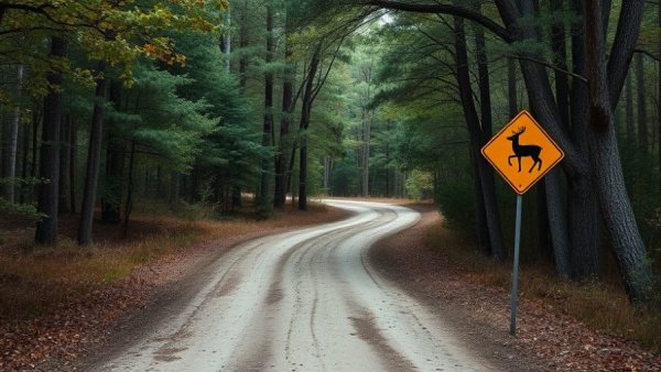Arkansas forest road; deer crossing sign; daylight.