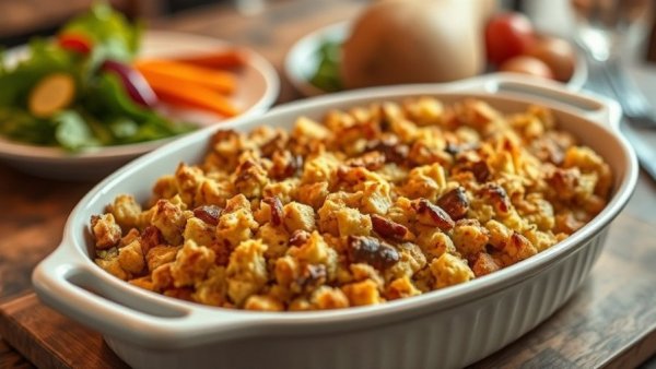 Golden stuffing in baking dish for National Stuffing Day.