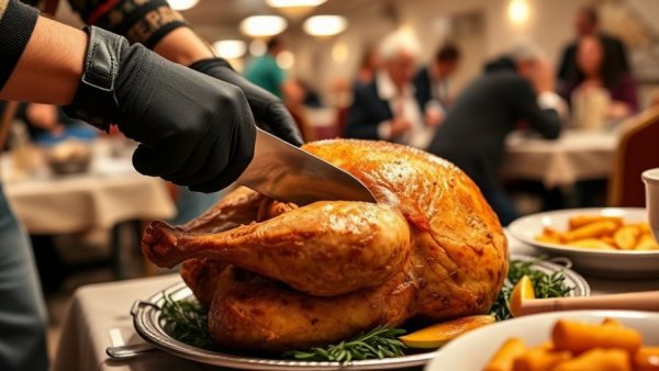 Volunteers prepare turkey at Centerton Community Thanksgiving.