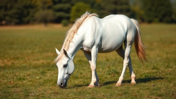 Serene white horse grazing in an open field.