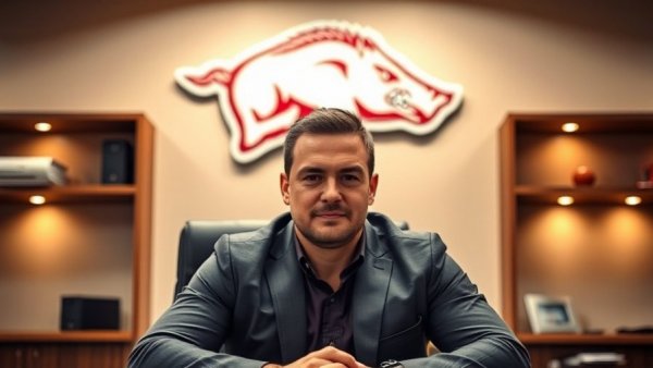 Confident man in office with Arkansas Razorbacks logo in background.