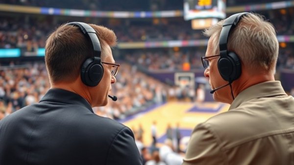 Sports commentators at a basketball game, lively arena setting.