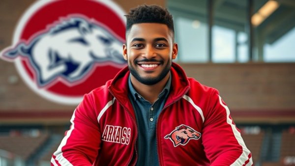 Man smiling in Arkansas Razorbacks jacket with team logo background.