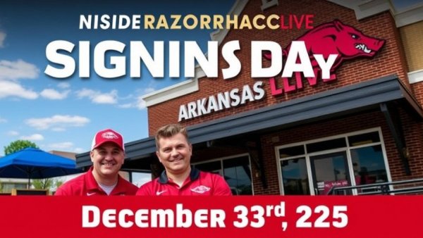 Razorback Signing Day promotional graphic with hosts and event date.