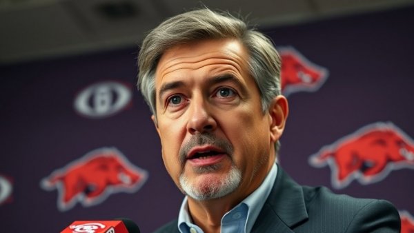 Confident man speaking at an Arkansas Razorbacks press conference.