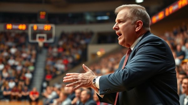 Arkansas basketball coach passionately instructs at a game.
