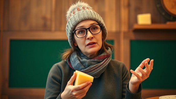 Woman discusses cheese benefits passionately in podcast studio, cheese makes you happy.
