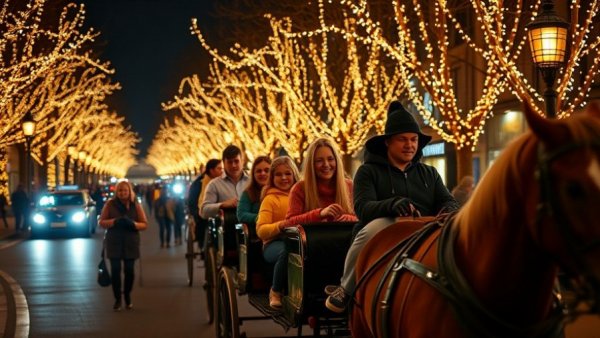 Batesville Christmas experience with horse carriage ride in festive town.