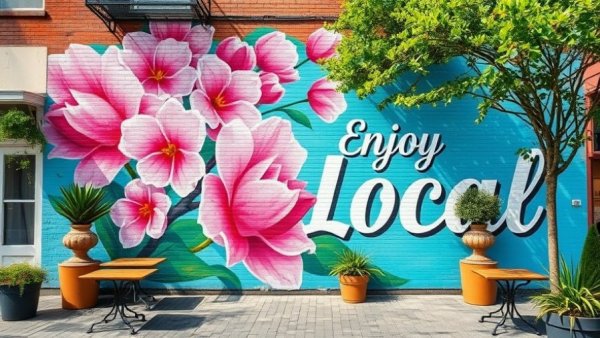 Creative Mornings Fayetteville mural with 'Enjoy Local' text on a building.
