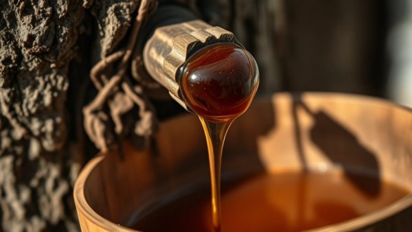 Maple tree tapped for syrup with a collection bucket; National Maple Syrup Day theme.