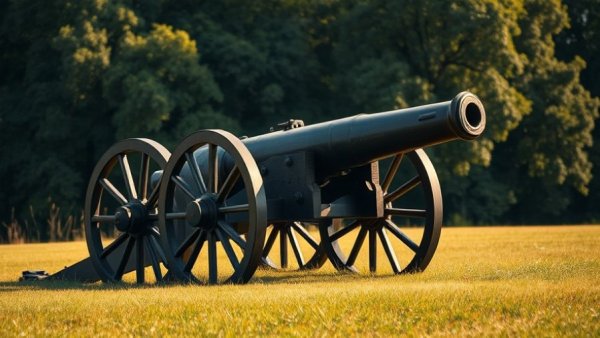 National Maine Day historic cannon in lush field, cinematic photo.