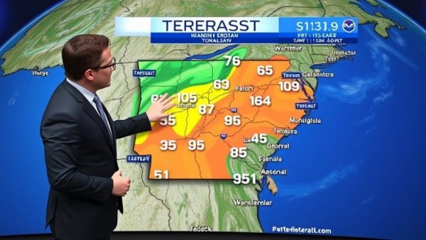 Weather presenter showing Arkansas warm winter weather on a forecast map.