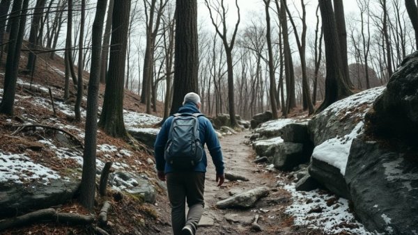 Hiker in Arkansas exploring winter waterfalls trail.