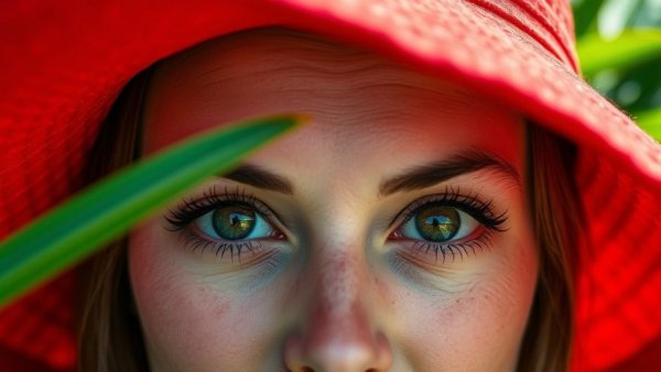 Close-up of a red hat on National Hat Day with greenery backdrop.